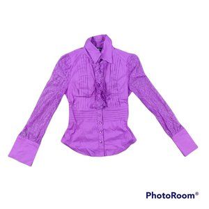 Bebe orchid purple long sleeve button up blouse with ruffles and floral lace EUC